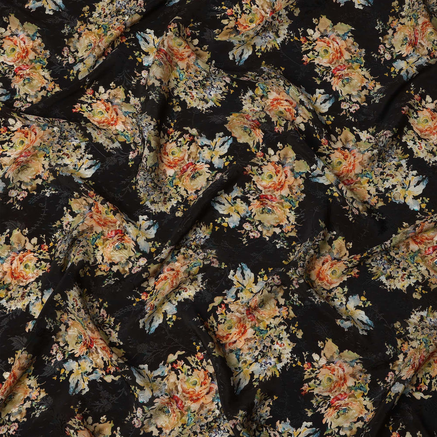Black Base Multicolor Abstract Floral Printed Viscose Crepe Fabric with Painterly Bloom Design, Width 110 cm, Made in India-D23418