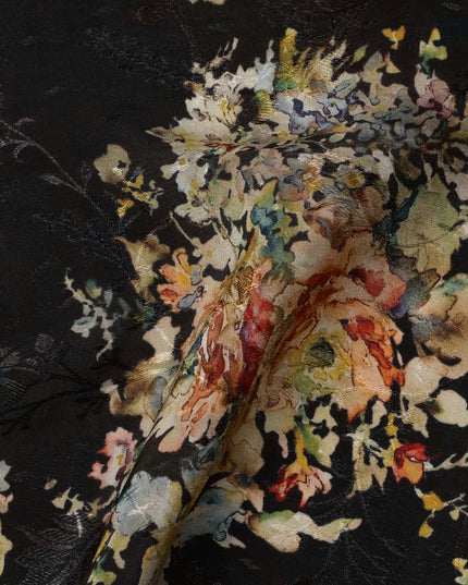 Black Base Multicolor Abstract Floral Printed Viscose Crepe Fabric with Painterly Bloom Design, Width 110 cm, Made in India-D23418