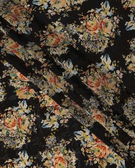 Black Base Multicolor Abstract Floral Printed Viscose Crepe Fabric with Painterly Bloom Design, Width 110 cm, Made in India-D23418