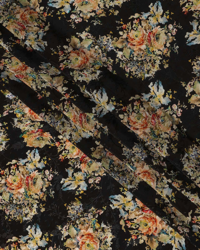 Black Base Multicolor Abstract Floral Printed Viscose Crepe Fabric with Painterly Bloom Design, Width 110 cm, Made in India-D23418