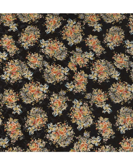 Black Base Multicolor Abstract Floral Printed Viscose Crepe Fabric with Painterly Bloom Design, Width 110 cm, Made in India-D23418