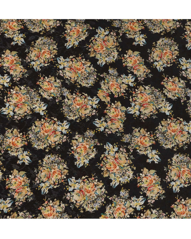 Black Base Multicolor Abstract Floral Printed Viscose Crepe Fabric with Painterly Bloom Design, Width 110 cm, Made in India-D23418
