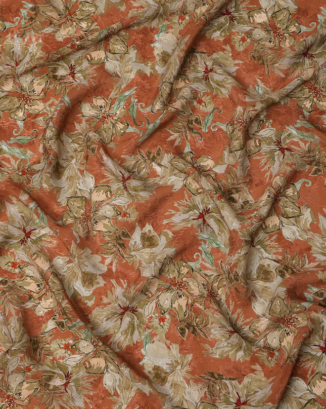 Rust Orange Base Beige Floral Printed Viscose Crepe Fabric with Hand-Painted Style Pattern, Width 110 cm, Made in India-D23419 Regal Fabrics