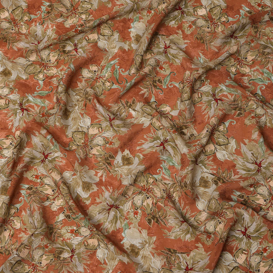 Rust Orange Base Beige Floral Printed Viscose Crepe Fabric with Hand-Painted Style Pattern, Width 110 cm, Made in India-D23419 Regal Fabrics