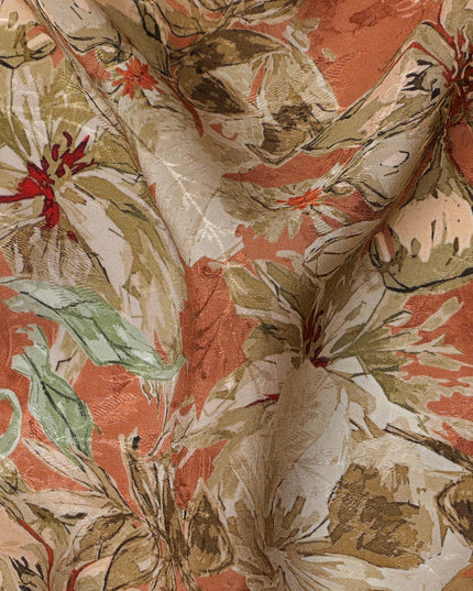 Rust Orange Base Beige Floral Printed Viscose Crepe Fabric with Hand-Painted Style Pattern, Width 110 cm, Made in India-D23419 Regal Fabrics