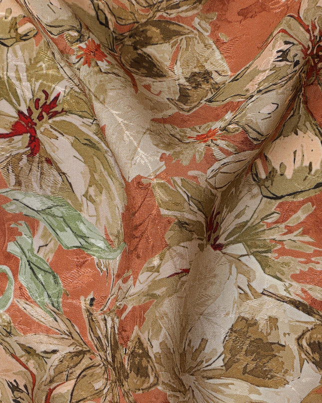 Rust Orange Base Beige Floral Printed Viscose Crepe Fabric with Hand-Painted Style Pattern, Width 110 cm, Made in India-D23419 Regal Fabrics