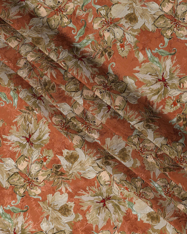 Rust Orange Base Beige Floral Printed Viscose Crepe Fabric with Hand-Painted Style Pattern, Width 110 cm, Made in India-D23419 Regal Fabrics