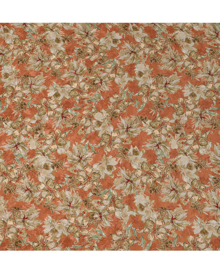 Rust Orange Base Beige Floral Printed Viscose Crepe Fabric with Hand-Painted Style Pattern, Width 110 cm, Made in India-D23419 Regal Fabrics