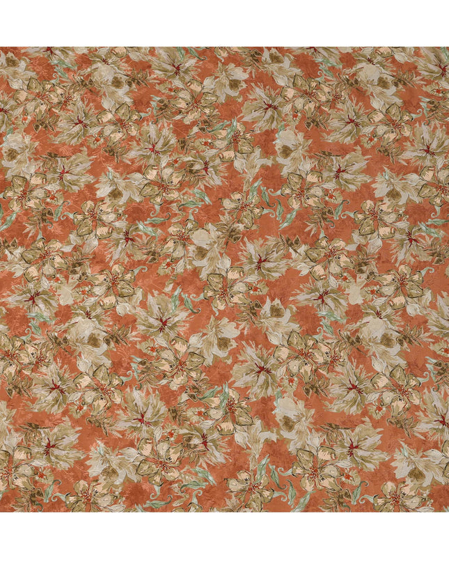 Rust Orange Base Beige Floral Printed Viscose Crepe Fabric with Hand-Painted Style Pattern, Width 110 cm, Made in India-D23419 Regal Fabrics