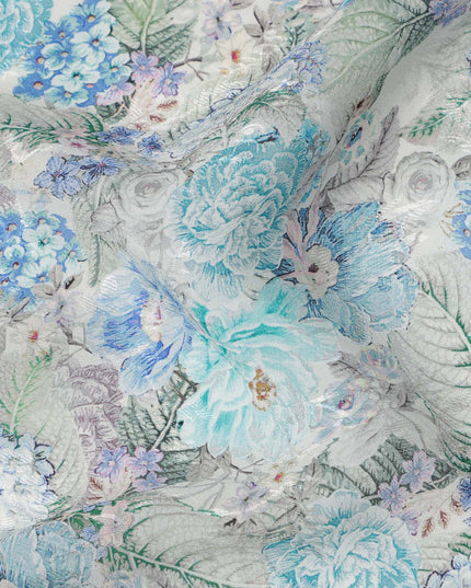 قماش كريب فيسكوز مطبوع عليه زهور نباتية زرقاء بقاعدة عاجية، عرض 110 سم، الهند - D23420