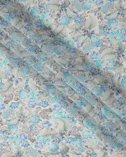 قماش كريب فيسكوز مطبوع عليه زهور نباتية زرقاء بقاعدة عاجية، عرض 110 سم، الهند - D23420