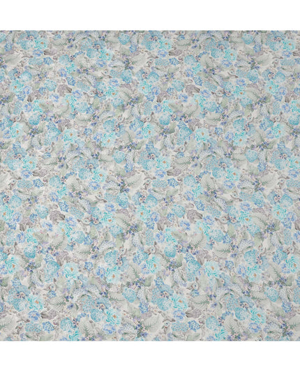 قماش كريب فيسكوز مطبوع عليه زهور نباتية زرقاء بقاعدة عاجية، عرض 110 سم، الهند - D23420