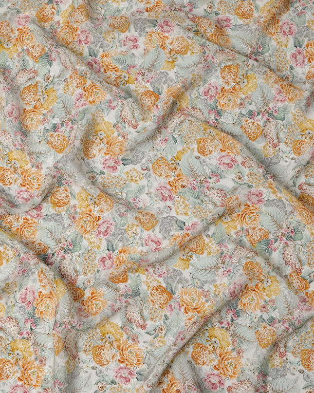 Ivory Base Yellow & Peach Floral Garden Printed Viscose Crepe Fabric, Width 110 Cms, India-D23421