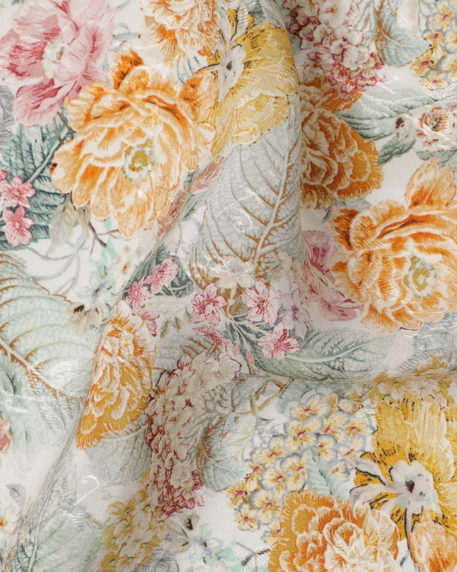 Ivory Base Yellow & Peach Floral Garden Printed Viscose Crepe Fabric, Width 110 Cms, India-D23421