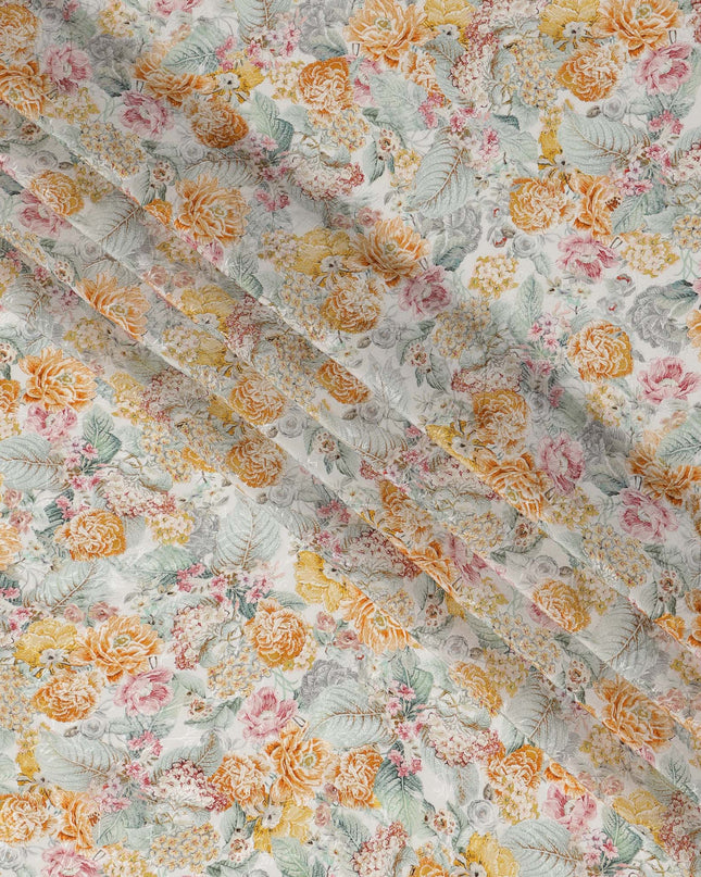 Ivory Base Yellow & Peach Floral Garden Printed Viscose Crepe Fabric, Width 110 Cms, India-D23421
