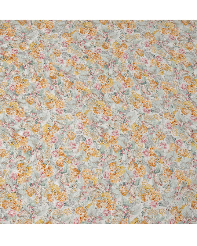 Ivory Base Yellow & Peach Floral Garden Printed Viscose Crepe Fabric, Width 110 Cms, India-D23421
