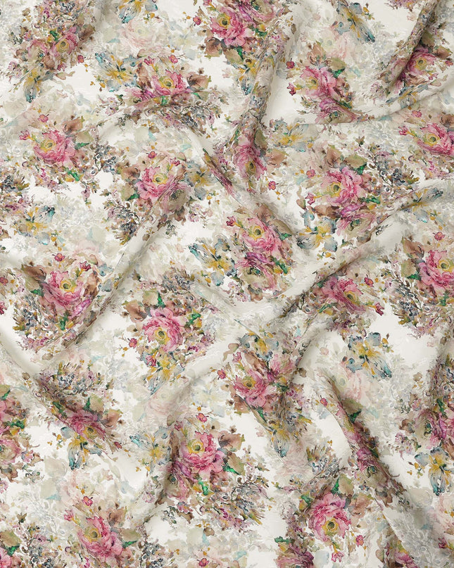 Ivory Base Multicolor Vintage Floral Bouquet Printed Viscose Crepe Fabric, Width 110 Cms, India-D23422