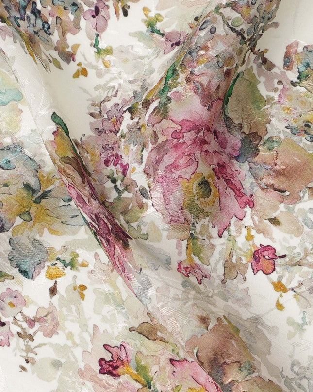 Ivory Base Multicolor Vintage Floral Bouquet Printed Viscose Crepe Fabric, Width 110 Cms, India-D23422