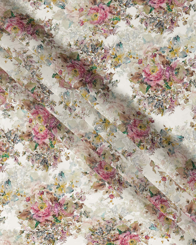 Ivory Base Multicolor Vintage Floral Bouquet Printed Viscose Crepe Fabric, Width 110 Cms, India-D23422