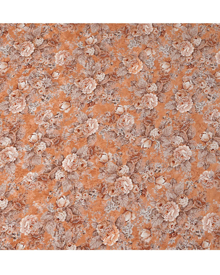 قماش كريب فيسكوز مطبوع عليه زهور وردية بنية اللون، قاعدة من الطين، عرض 110 سم، الهند - D23423