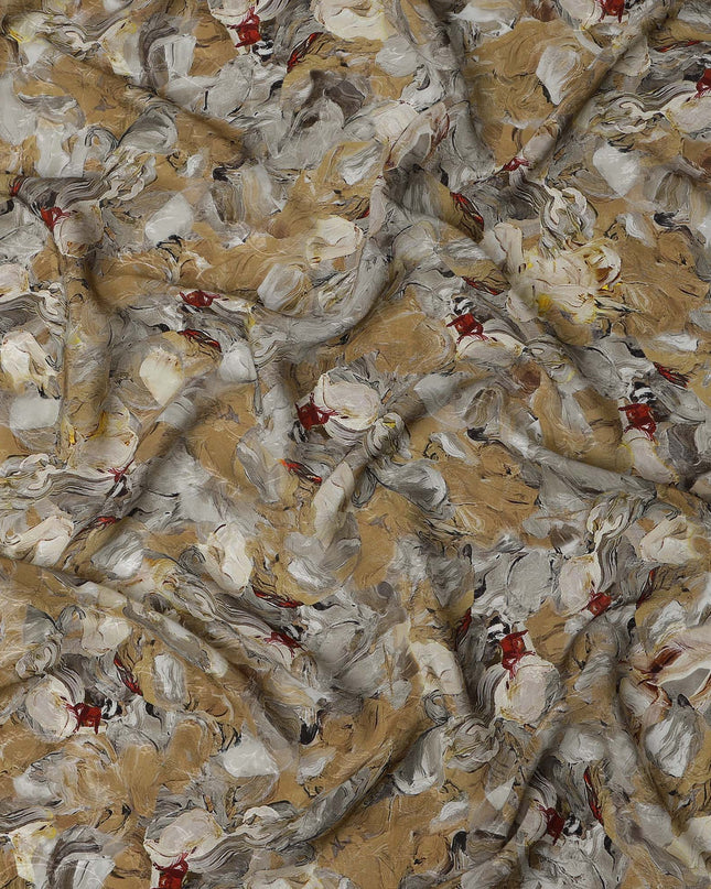 Beige Base Abstract Brushstroke Floral Printed Viscose Crepe Fabric, Width 110 Cms, India-D23424