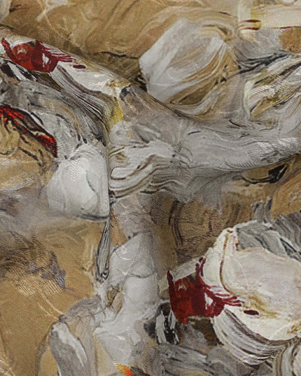 Beige Base Abstract Brushstroke Floral Printed Viscose Crepe Fabric, Width 110 Cms, India-D23424