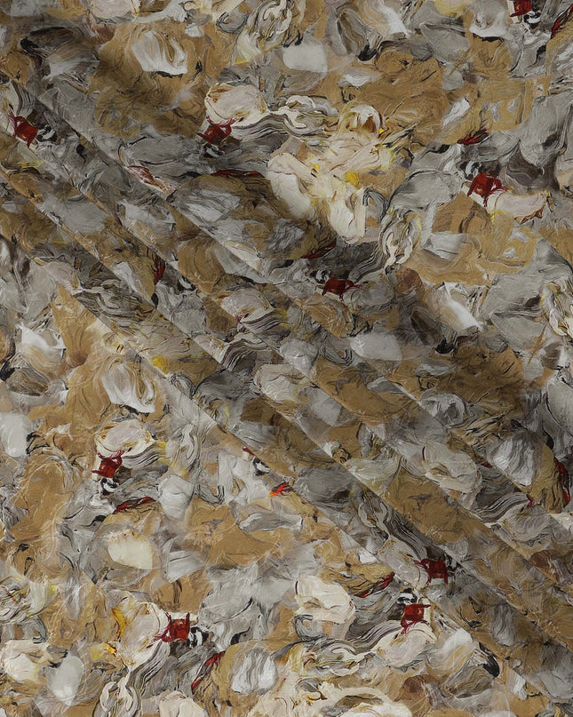 Beige Base Abstract Brushstroke Floral Printed Viscose Crepe Fabric, Width 110 Cms, India-D23424