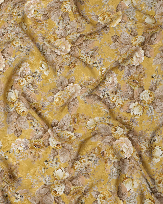 قماش كريب فيسكوز بطبعة زهور عتيقة بلون أصفر خردل، عرض 110 سم، الهند - D23425