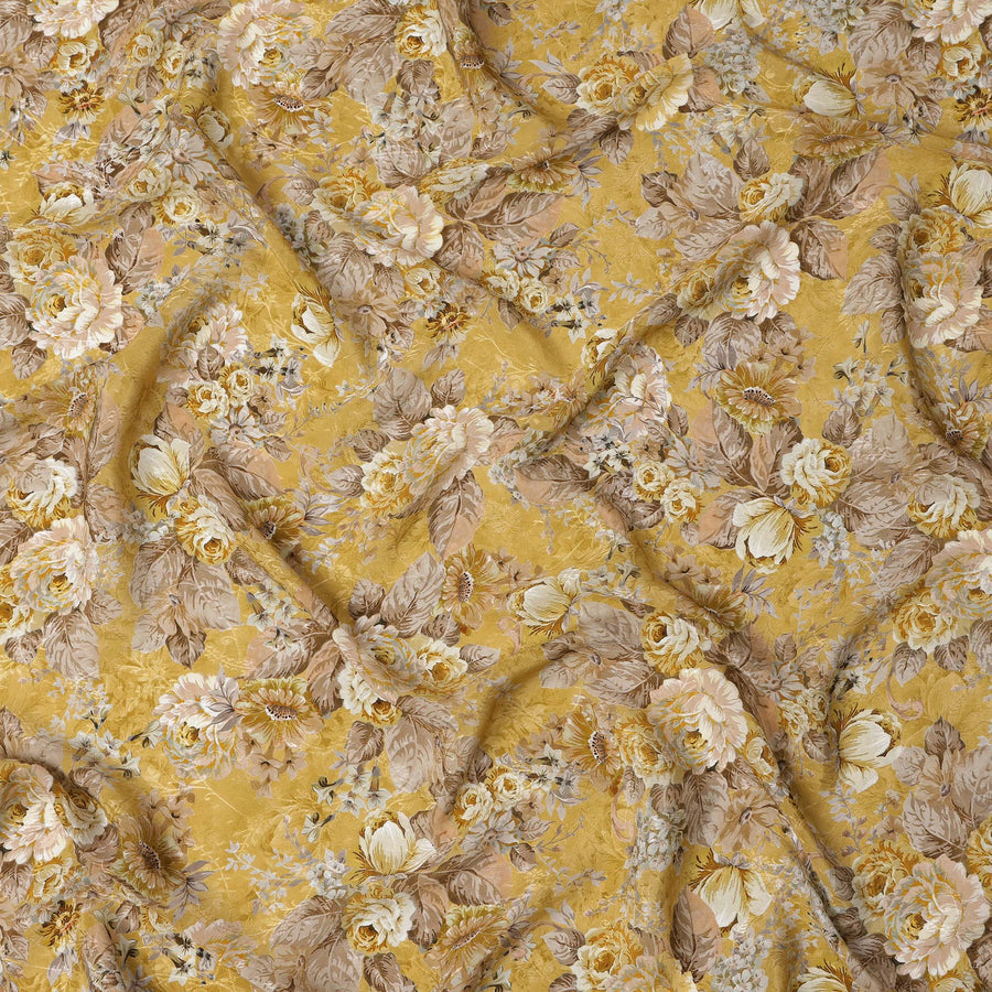 قماش كريب فيسكوز بطبعة زهور عتيقة بلون أصفر خردل، عرض 110 سم، الهند - D23425