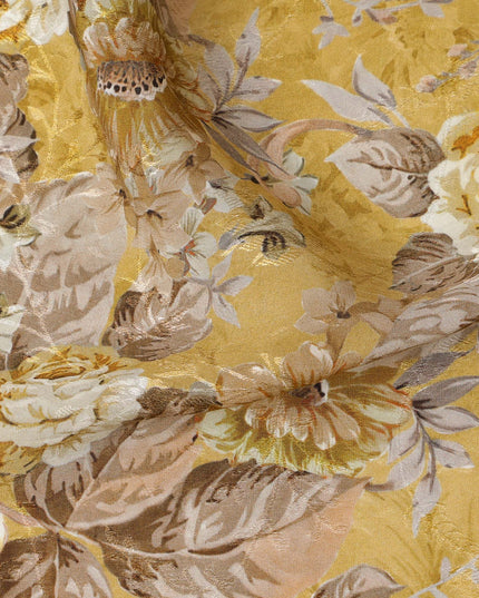 قماش كريب فيسكوز بطبعة زهور عتيقة بلون أصفر خردل، عرض 110 سم، الهند - D23425