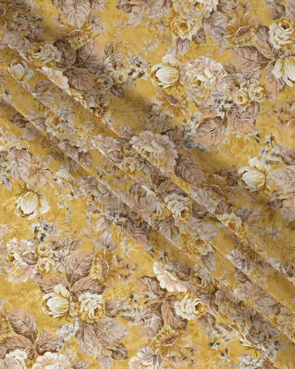 قماش كريب فيسكوز بطبعة زهور عتيقة بلون أصفر خردل، عرض 110 سم، الهند - D23425