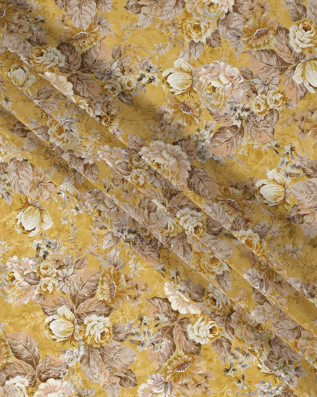 قماش كريب فيسكوز بطبعة زهور عتيقة بلون أصفر خردل، عرض 110 سم، الهند - D23425