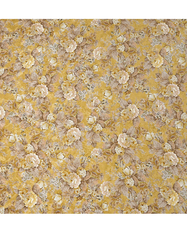 قماش كريب فيسكوز بطبعة زهور عتيقة بلون أصفر خردل، عرض 110 سم، الهند - D23425