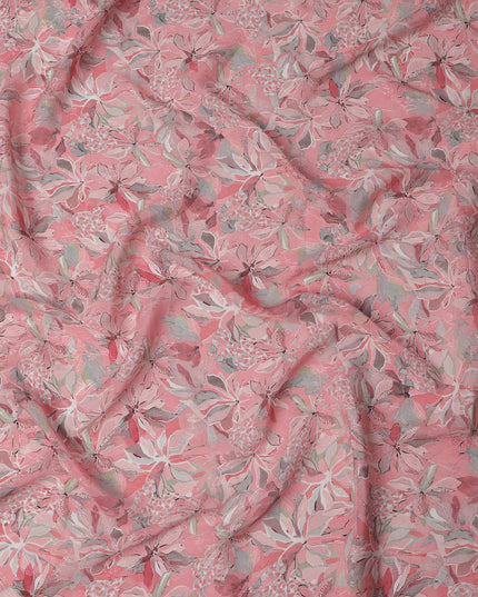 قماش كريب فيسكوز مطبوع عليه زهور استوائية وردية، عرض 110 سم، الهند - D23426