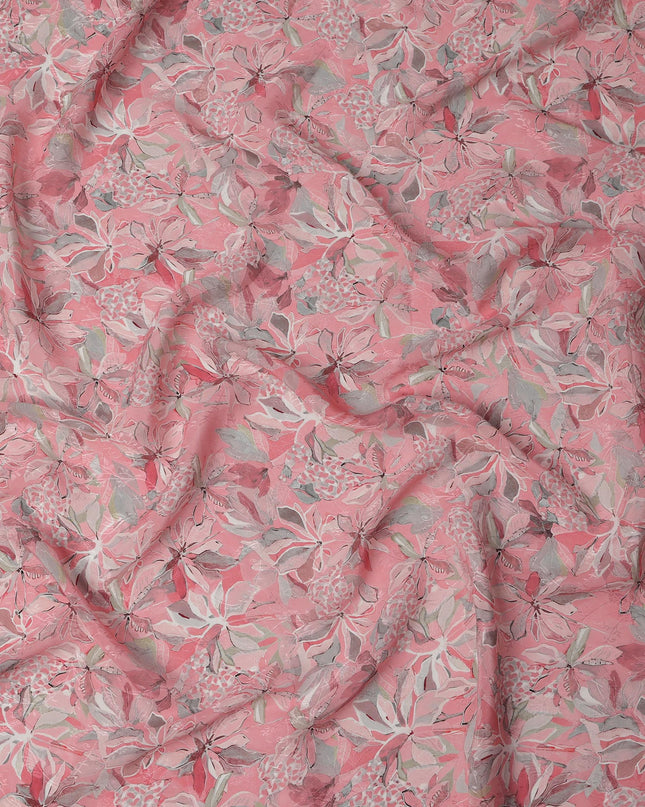 قماش كريب فيسكوز مطبوع عليه زهور استوائية وردية، عرض 110 سم، الهند - D23426