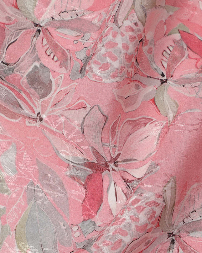 قماش كريب فيسكوز مطبوع عليه زهور استوائية وردية، عرض 110 سم، الهند - D23426