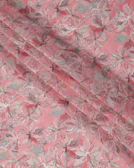 قماش كريب فيسكوز مطبوع عليه زهور استوائية وردية، عرض 110 سم، الهند - D23426