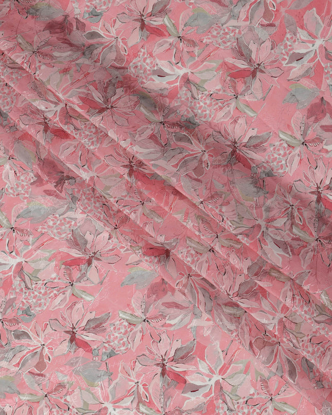 قماش كريب فيسكوز مطبوع عليه زهور استوائية وردية، عرض 110 سم، الهند - D23426