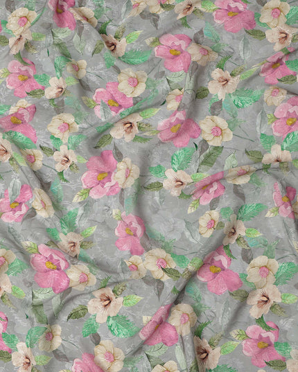 قماش كريب فيسكوز مطبوع يدويًا بنمط زهور متعدد الألوان بقاعدة رمادية، عرض 110 سم، الهند - D23427