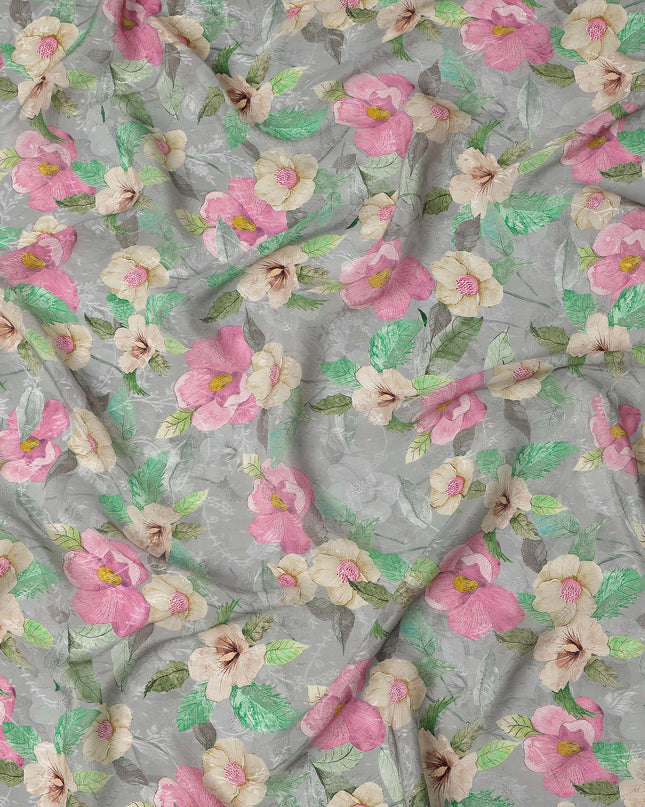 قماش كريب فيسكوز مطبوع يدويًا بنمط زهور متعدد الألوان بقاعدة رمادية، عرض 110 سم، الهند - D23427