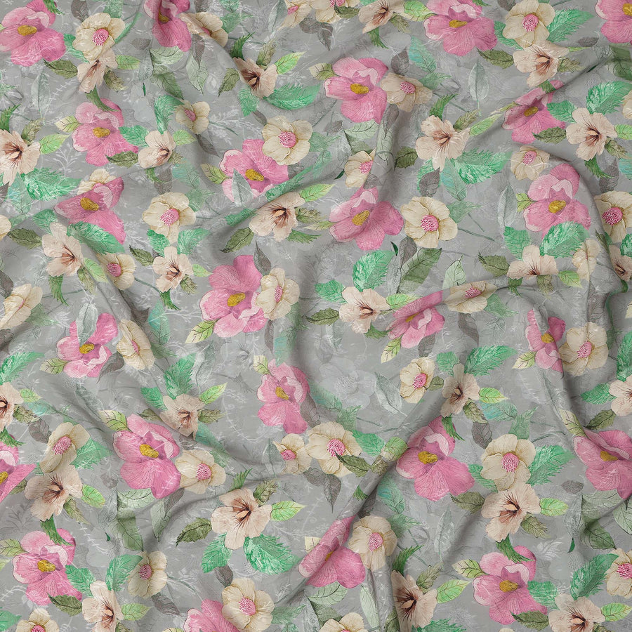 قماش كريب فيسكوز مطبوع يدويًا بنمط زهور متعدد الألوان بقاعدة رمادية، عرض 110 سم، الهند - D23427