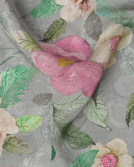 قماش كريب فيسكوز مطبوع يدويًا بنمط زهور متعدد الألوان بقاعدة رمادية، عرض 110 سم، الهند - D23427