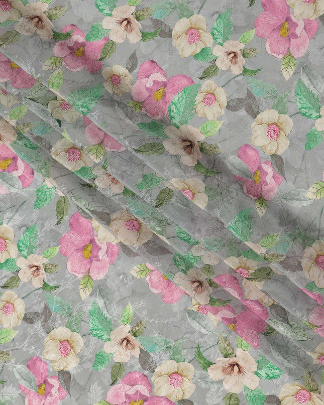 قماش كريب فيسكوز مطبوع يدويًا بنمط زهور متعدد الألوان بقاعدة رمادية، عرض 110 سم، الهند - D23427