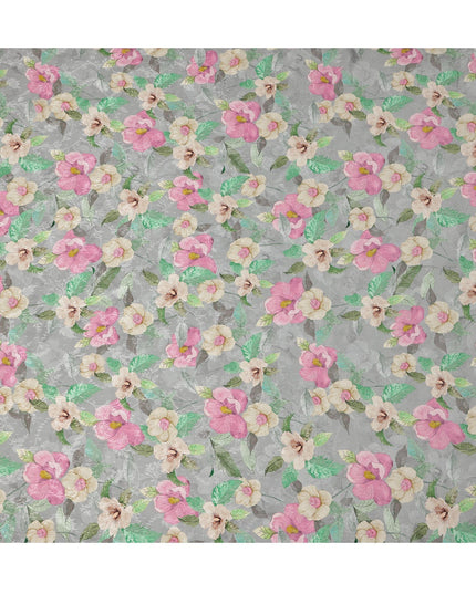قماش كريب فيسكوز مطبوع يدويًا بنمط زهور متعدد الألوان بقاعدة رمادية، عرض 110 سم، الهند - D23427