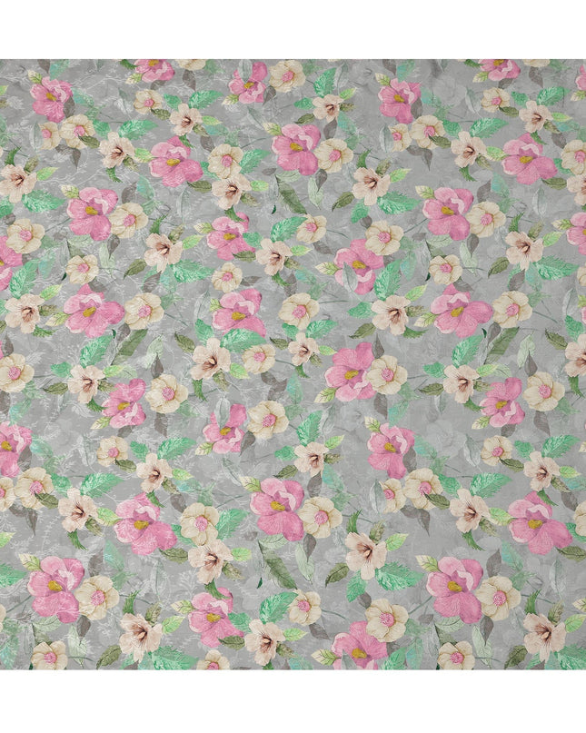 قماش كريب فيسكوز مطبوع يدويًا بنمط زهور متعدد الألوان بقاعدة رمادية، عرض 110 سم، الهند - D23427