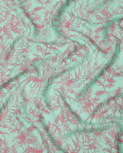 Mint Green Floral Line Art Printed Linen Fabric, 140 Cms Width, Made in India-D23714