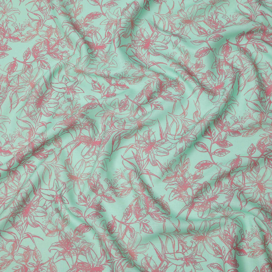 Mint Green Floral Line Art Printed Linen Fabric, 140 Cms Width, Made in India-D23714