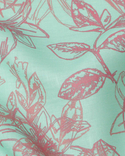 Mint Green Floral Line Art Printed Linen Fabric, 140 Cms Width, Made in India-D23714