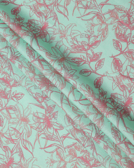 Mint Green Floral Line Art Printed Linen Fabric, 140 Cms Width, Made in India-D23714