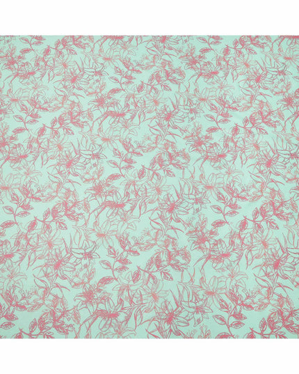 Mint Green Floral Line Art Printed Linen Fabric, 140 Cms Width, Made in India-D23714